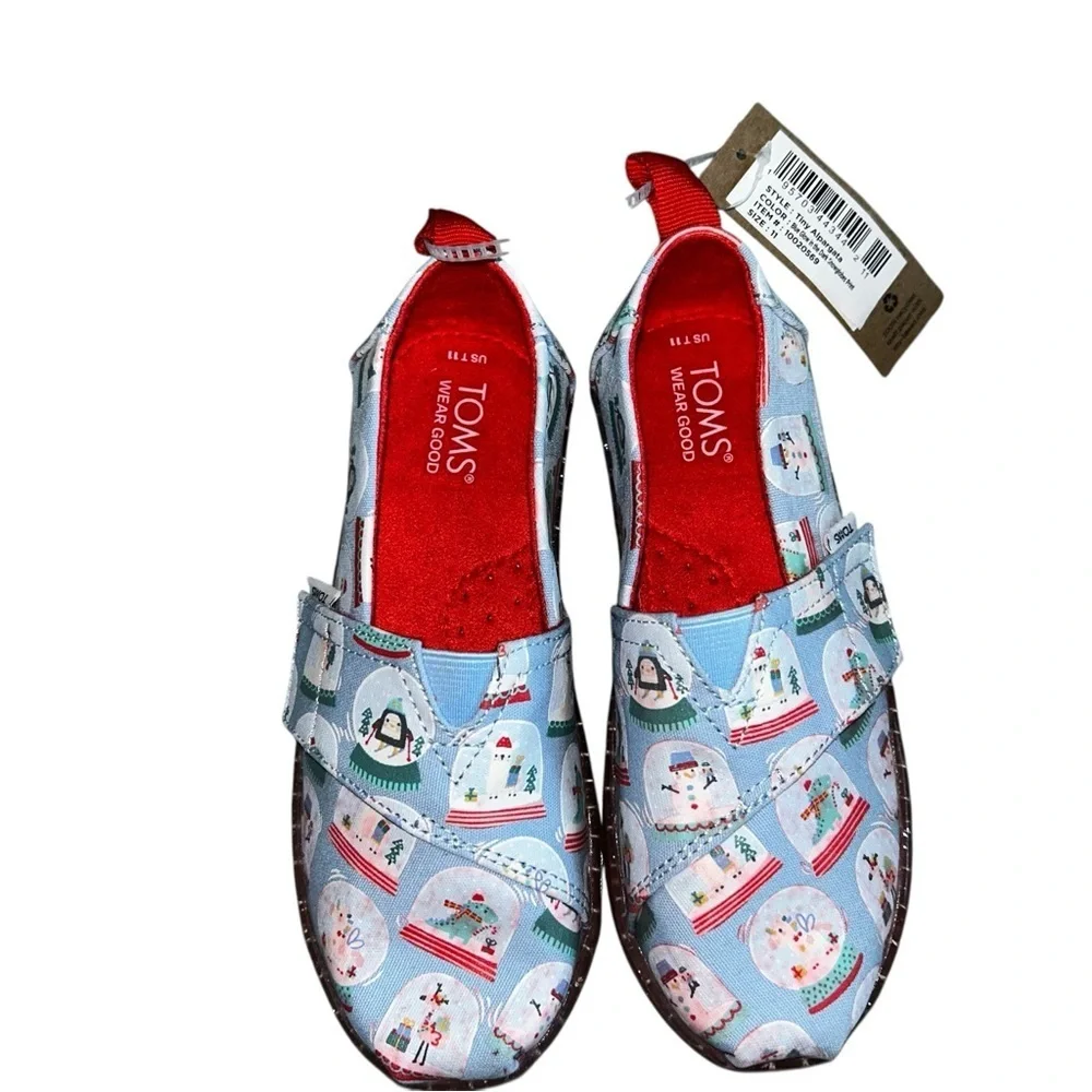 TOMS Kids Snow Globe Moccasins - Light Blue and Red